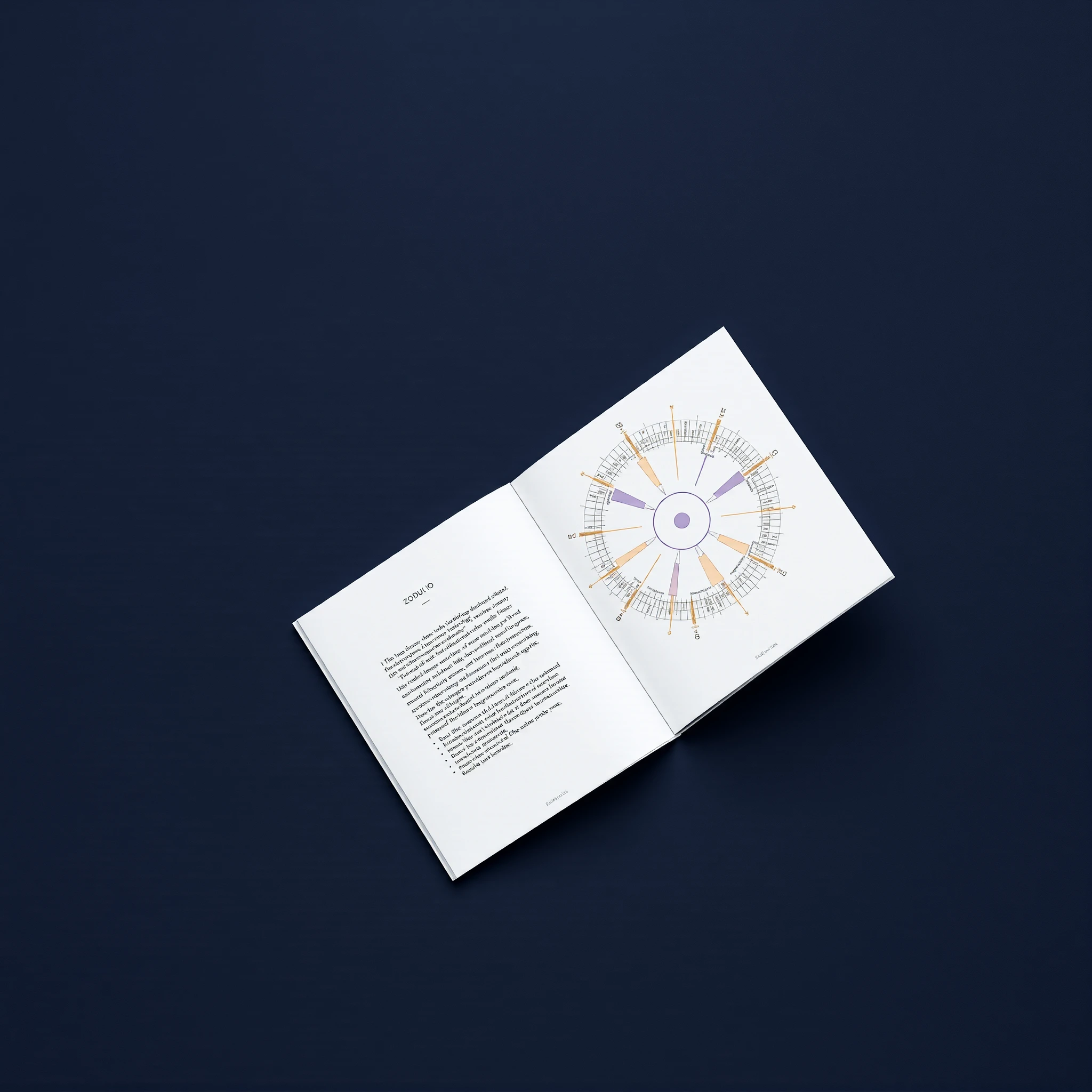 An elegantly produced birth chart report resting on a dark celestial surface, lit in warm gold