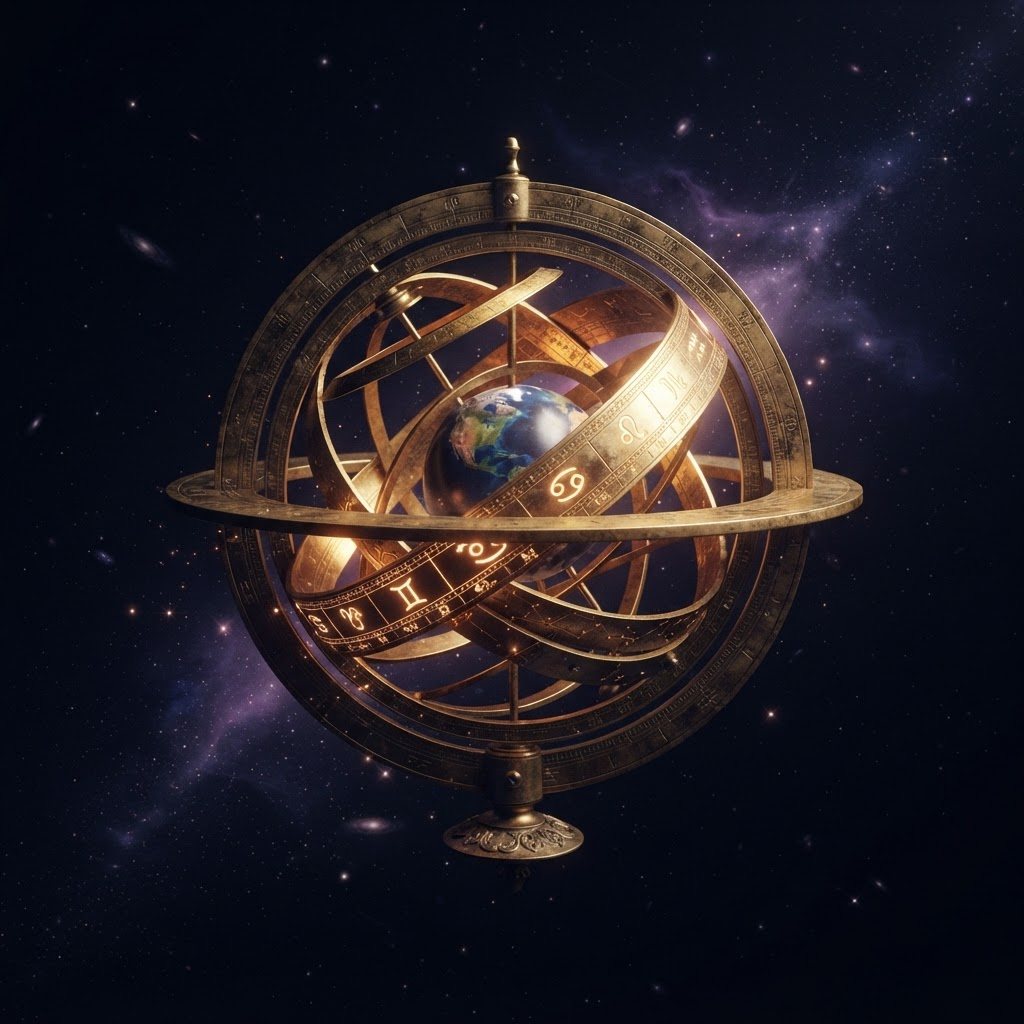 An antique brass armillary sphere engraved with zodiac symbols, glowing against a dark starfield