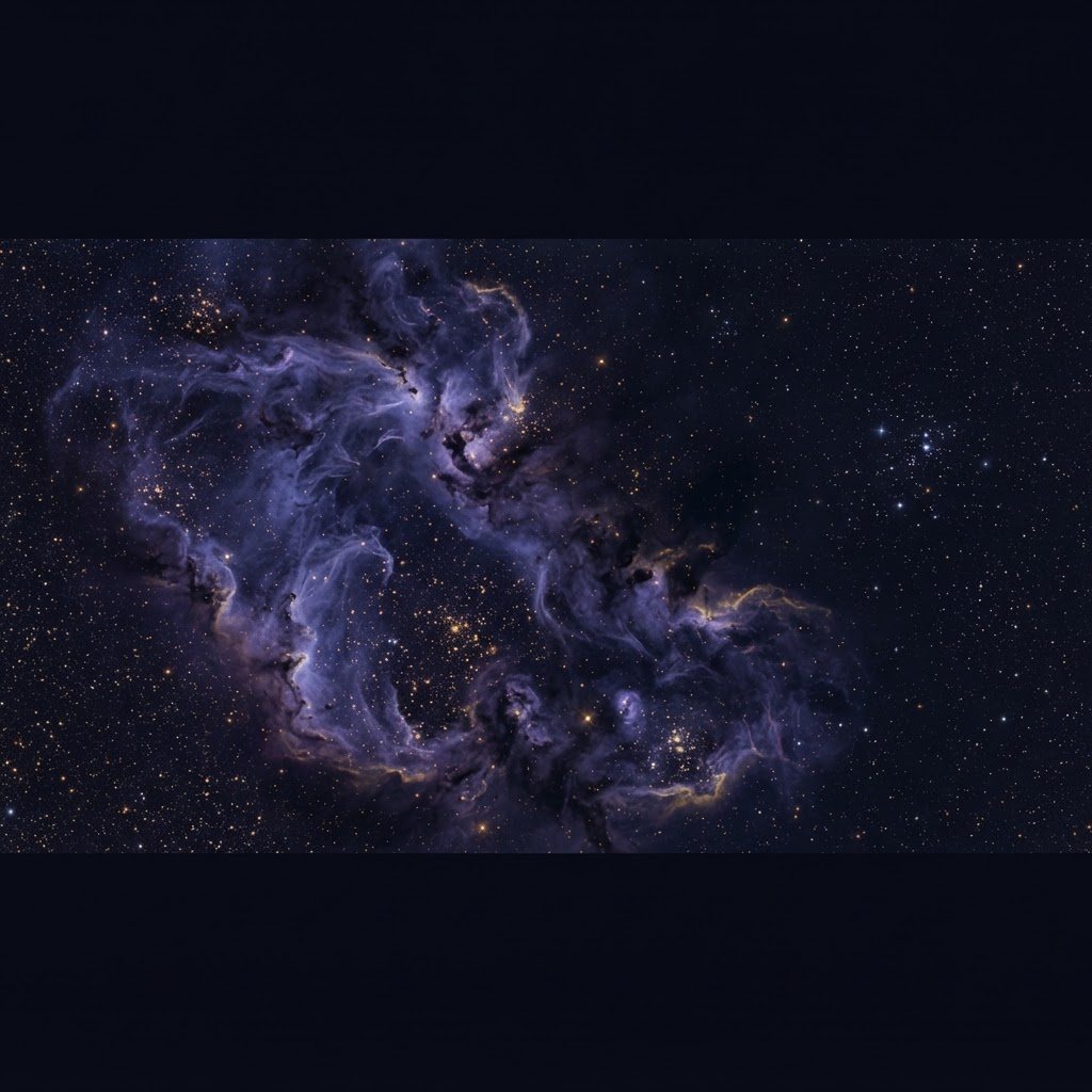 A violet and gold nebula scattered with young stars