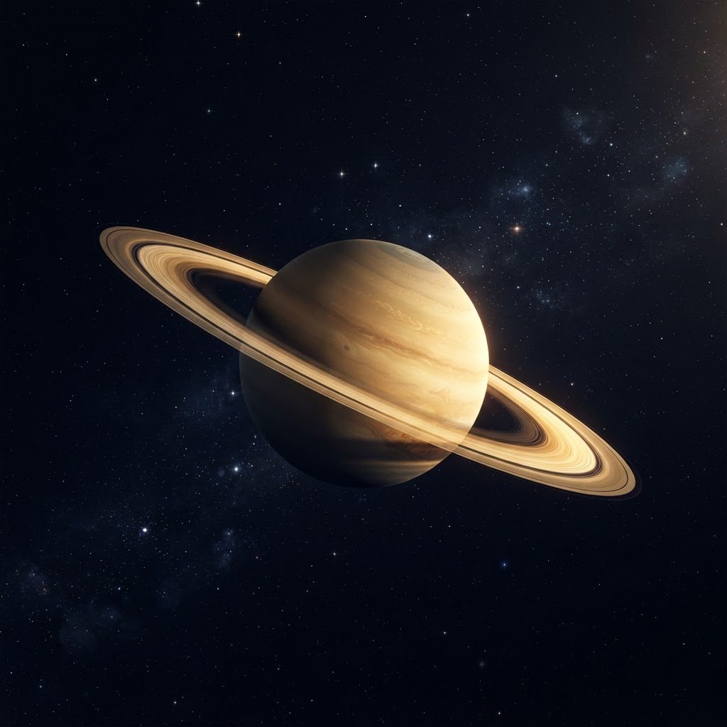 Saturn with its full ring system lit by golden sunlight